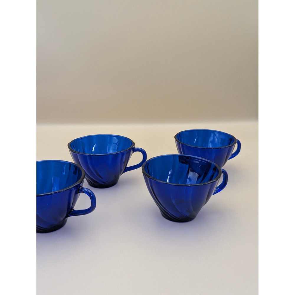 Duralex Vereco Cobalt Blue Glass Swirl Teacup Set of 4 Vintage
